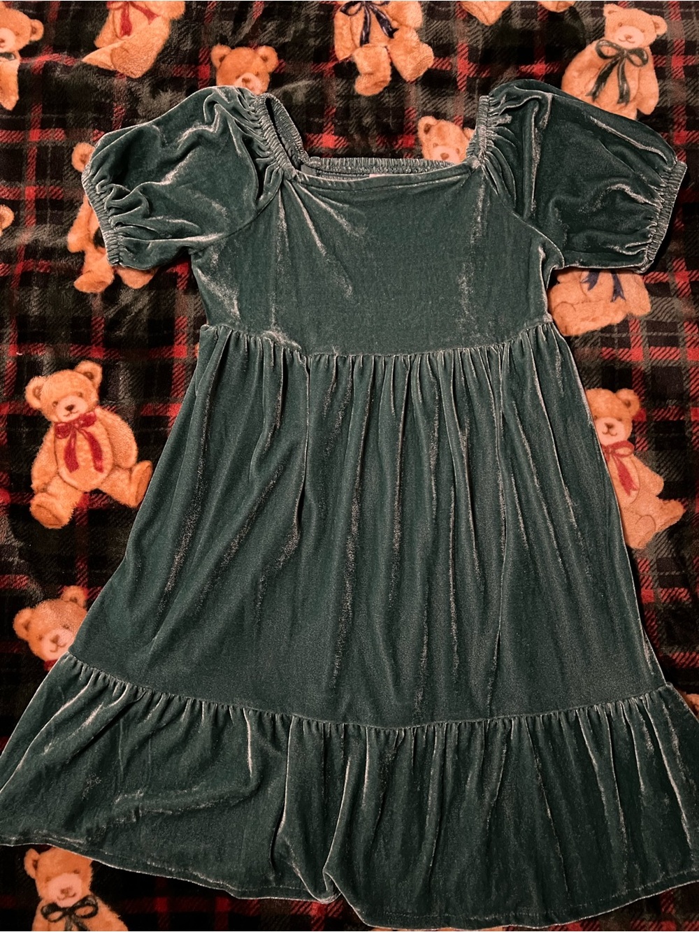 Carter's Velvet Puff-Sleeve Dress in Deep Green